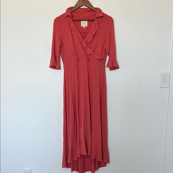 ModCloth A-Line Midi Dress Coral Ruffle V-Neck 3/4 Sleeve Women’s Size Large - Picture 2 of 4